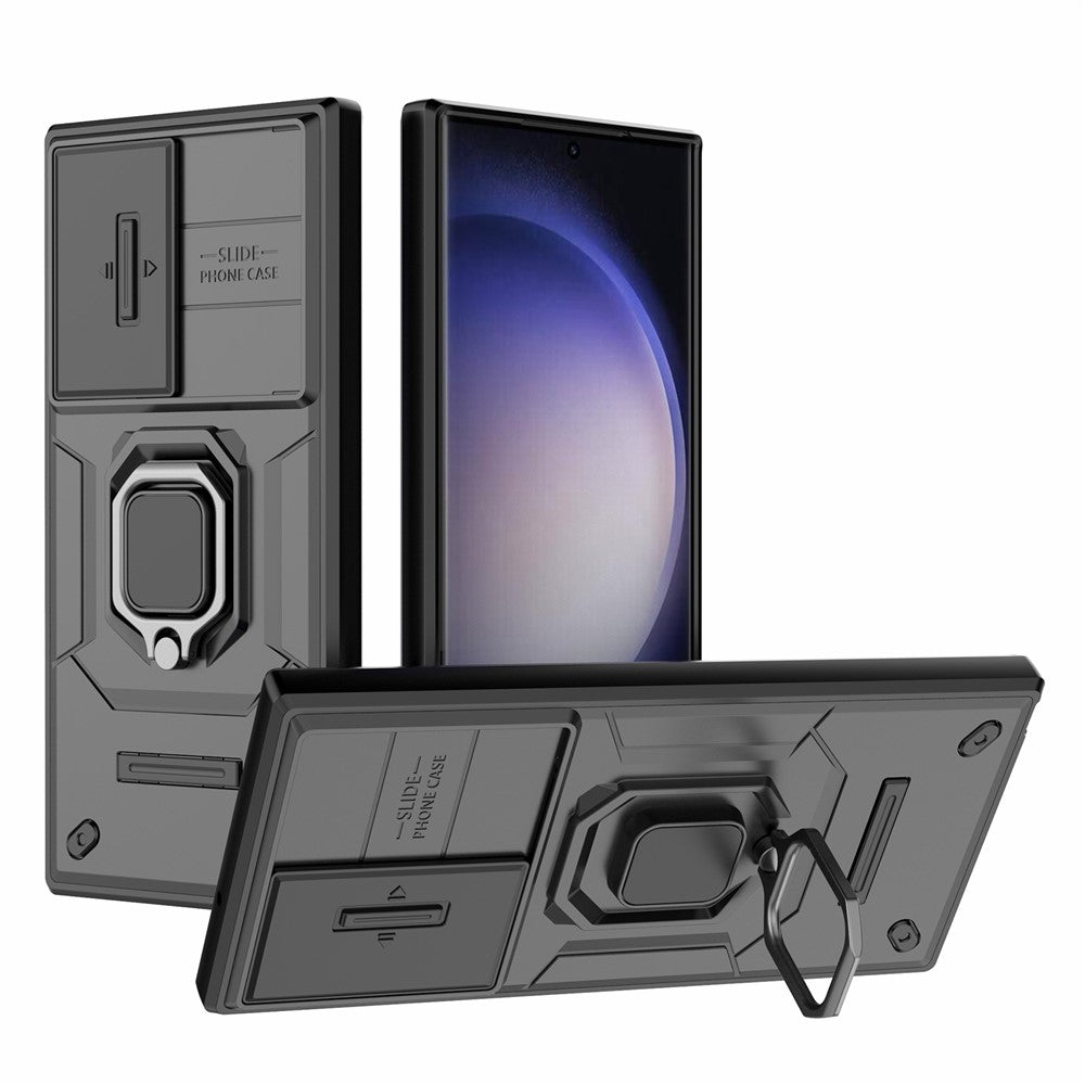 For Samsung Galaxy S23 Ultra PC+TPU Shockproof Phone Case Slide Lens Protection Kickstand Cover