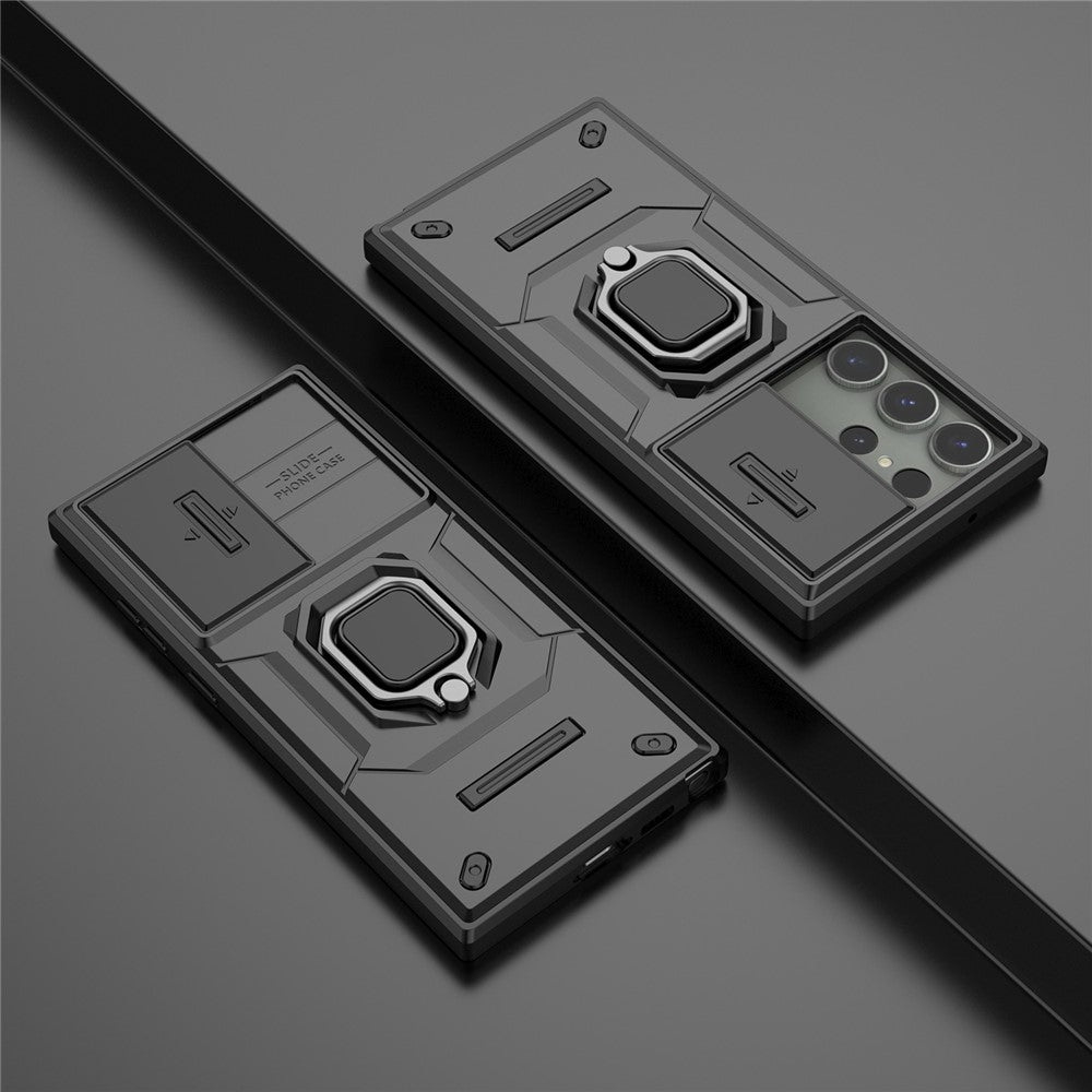 For Samsung Galaxy S23 Ultra PC+TPU Shockproof Phone Case Slide Lens Protection Kickstand Cover