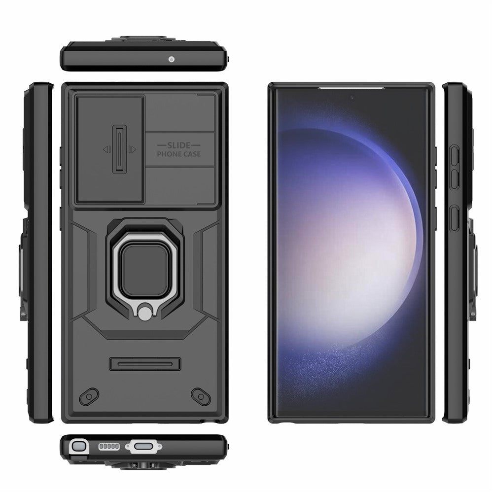 For Samsung Galaxy S23 Ultra PC+TPU Shockproof Phone Case Slide Lens Protection Kickstand Cover