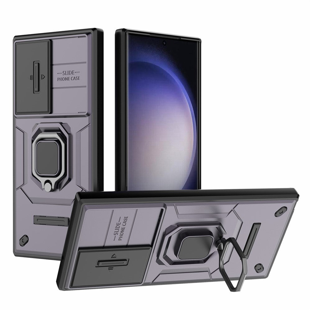 For Samsung Galaxy S23 Ultra PC+TPU Shockproof Phone Case Slide Lens Protection Kickstand Cover