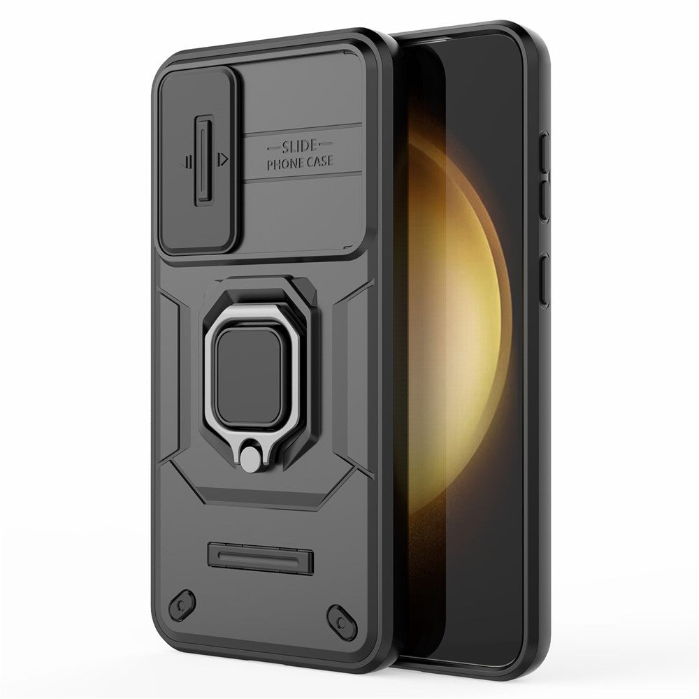 For Samsung Galaxy S23+ Slide Lens Protection PC+TPU Phone Case Protective Cover with Kickstand