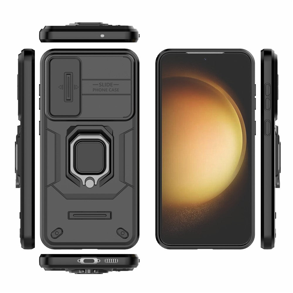 For Samsung Galaxy S23+ Slide Lens Protection PC+TPU Phone Case Protective Cover with Kickstand