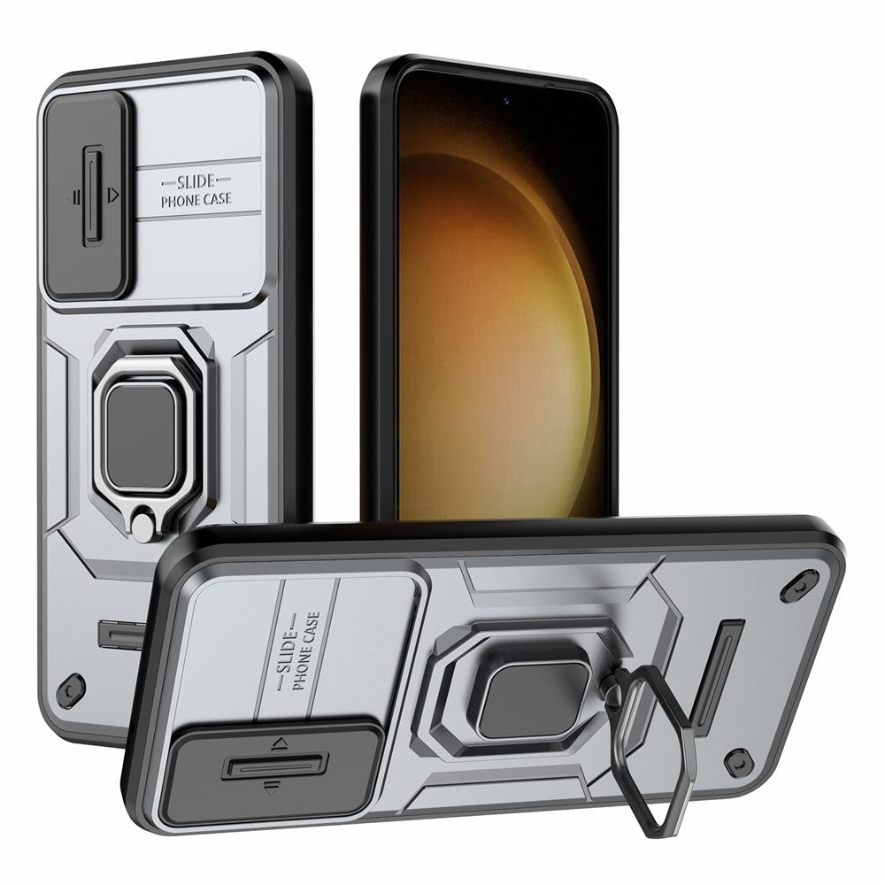 For Samsung Galaxy S23+ Slide Lens Protection PC+TPU Phone Case Protective Cover with Kickstand