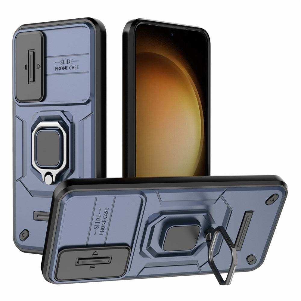 For Samsung Galaxy S23+ Slide Lens Protection PC+TPU Phone Case Protective Cover with Kickstand