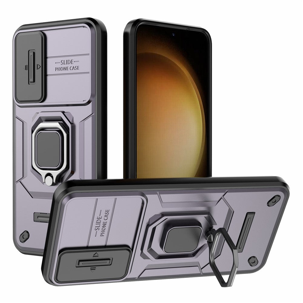 For Samsung Galaxy S23+ Slide Lens Protection PC+TPU Phone Case Protective Cover with Kickstand