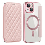 For iPhone 15 Plus Built-in Lens Film Phone Case RFID Blocking Card Slots Leather Cover Compatible with MagSafe