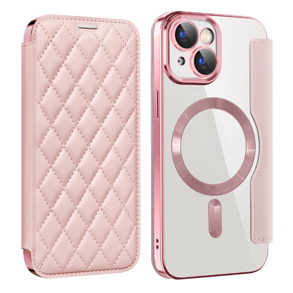For iPhone 15 Plus Built-in Lens Film Phone Case RFID Blocking Card Slots Leather Cover Compatible with MagSafe
