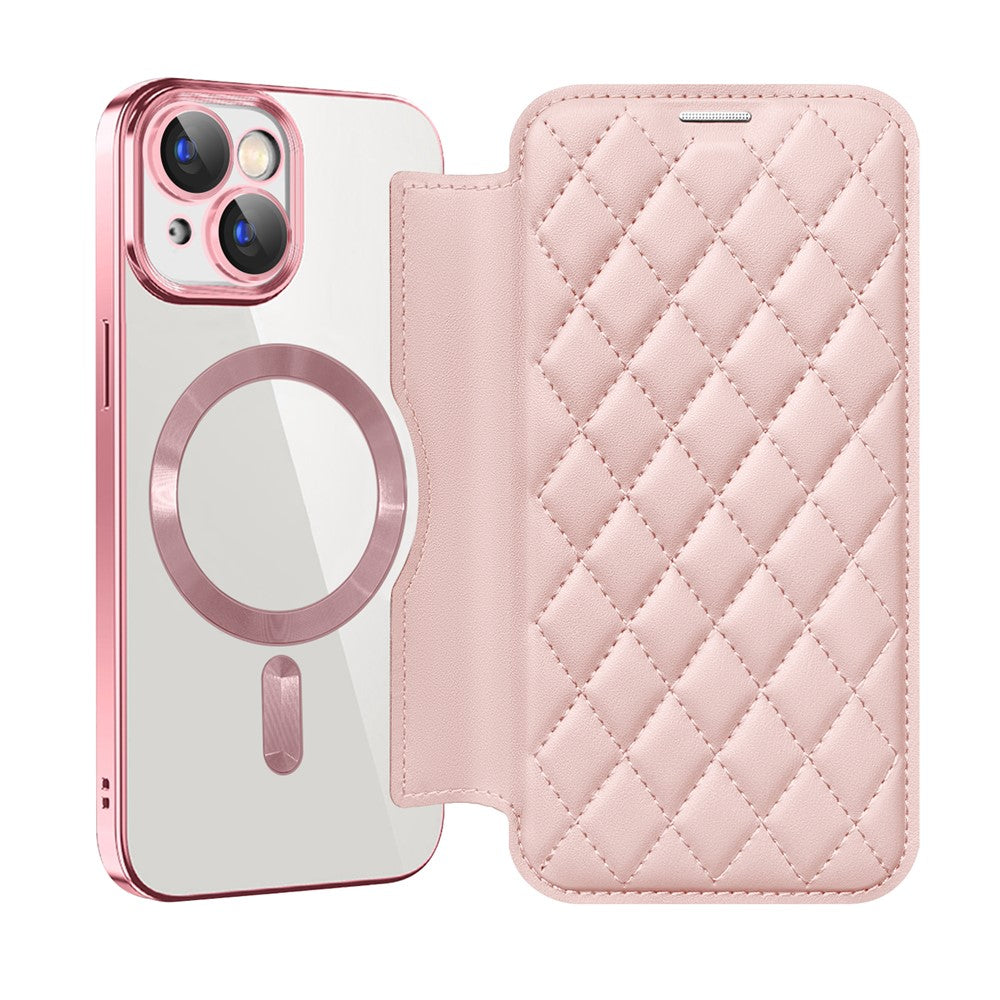 For iPhone 15 Plus Built-in Lens Film Phone Case RFID Blocking Card Slots Leather Cover Compatible with MagSafe