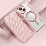 For iPhone 15 Plus Built-in Lens Film Phone Case RFID Blocking Card Slots Leather Cover Compatible with MagSafe