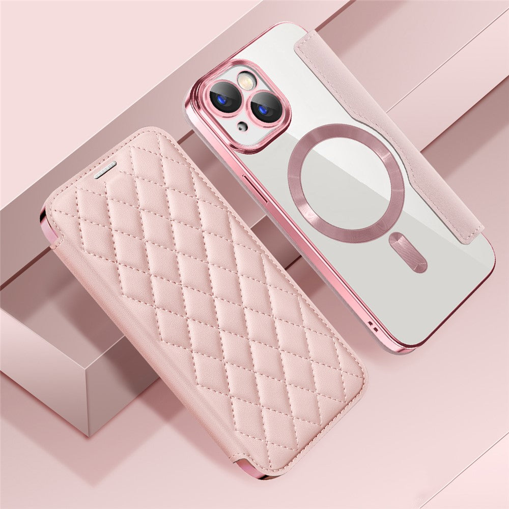 For iPhone 15 Plus Built-in Lens Film Phone Case RFID Blocking Card Slots Leather Cover Compatible with MagSafe