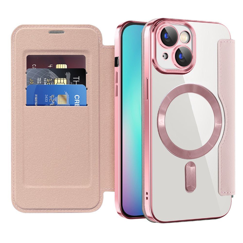 For iPhone 15 Plus Built-in Lens Film Phone Case RFID Blocking Card Slots Leather Cover Compatible with MagSafe