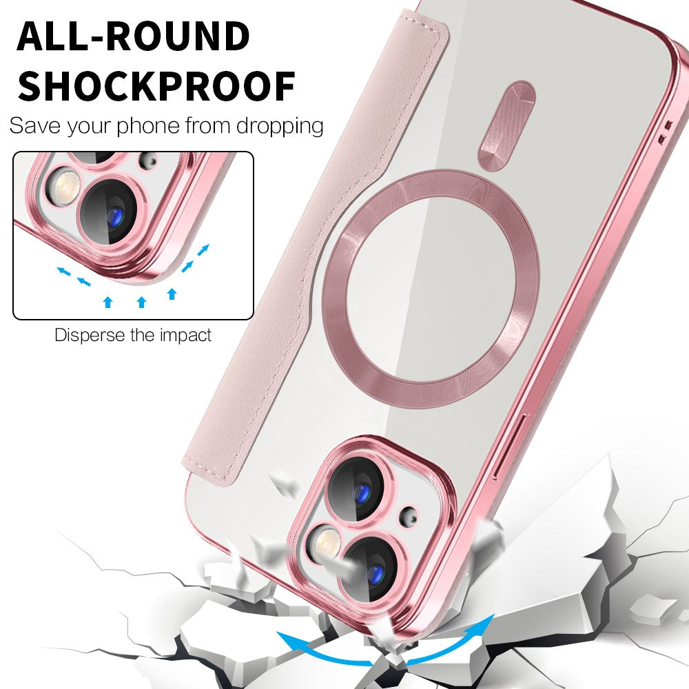 For iPhone 15 Plus Built-in Lens Film Phone Case RFID Blocking Card Slots Leather Cover Compatible with MagSafe