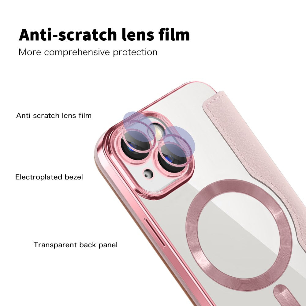 For iPhone 15 Plus Built-in Lens Film Phone Case RFID Blocking Card Slots Leather Cover Compatible with MagSafe