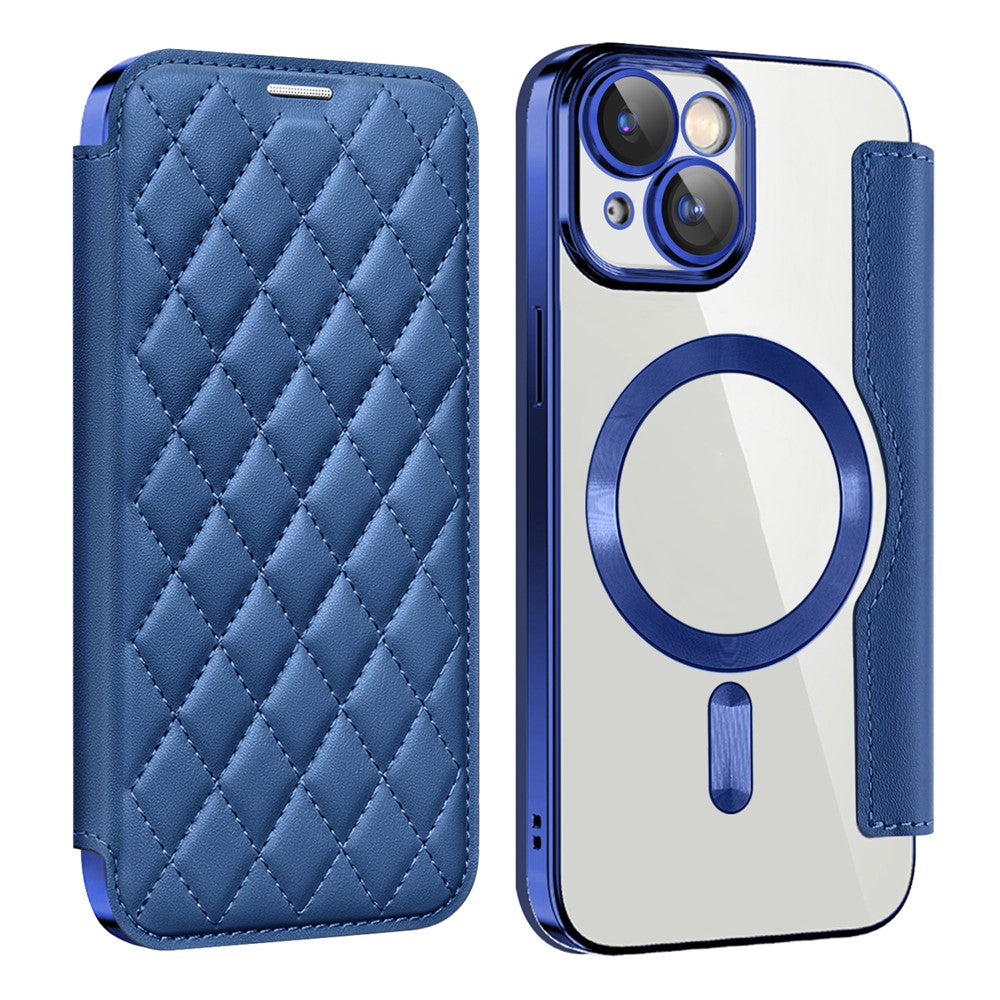 For iPhone 15 Plus Built-in Lens Film Phone Case RFID Blocking Card Slots Leather Cover Compatible with MagSafe