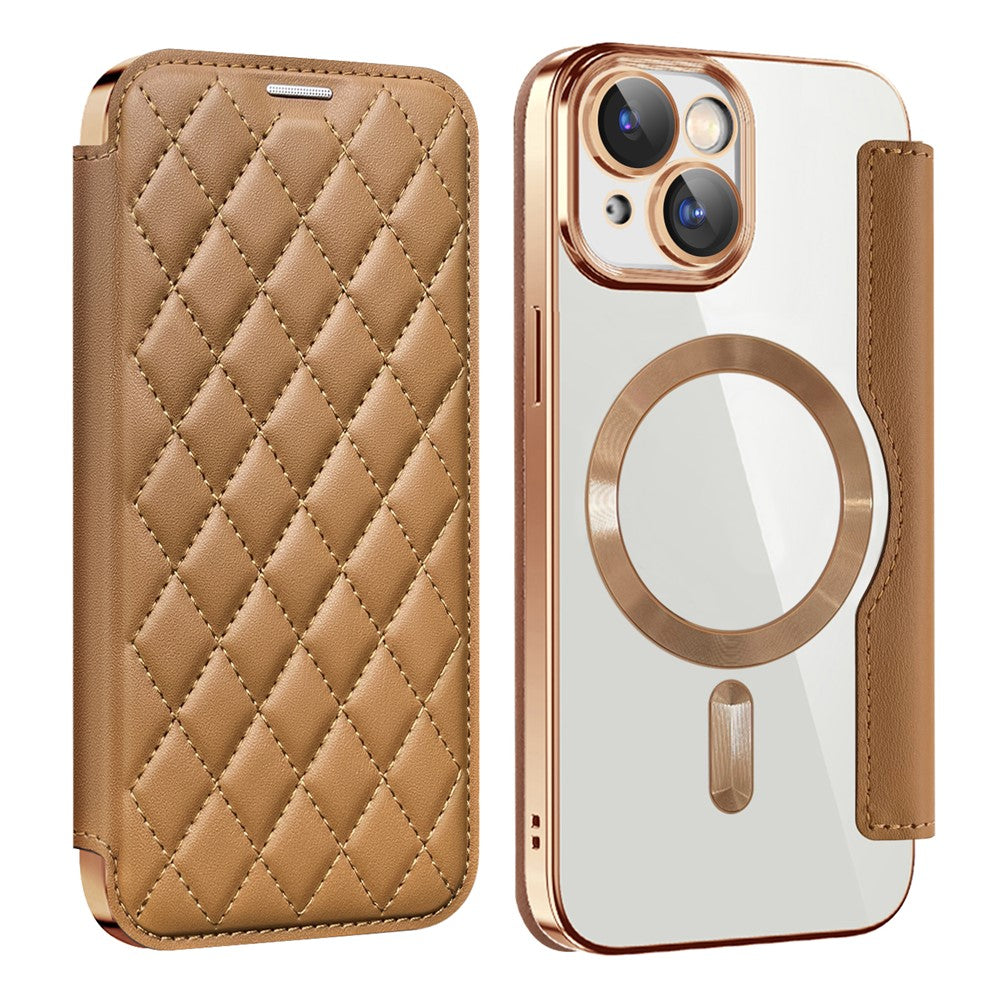 For iPhone 15 Plus Built-in Lens Film Phone Case RFID Blocking Card Slots Leather Cover Compatible with MagSafe