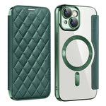 For iPhone 15 Plus Built-in Lens Film Phone Case RFID Blocking Card Slots Leather Cover Compatible with MagSafe