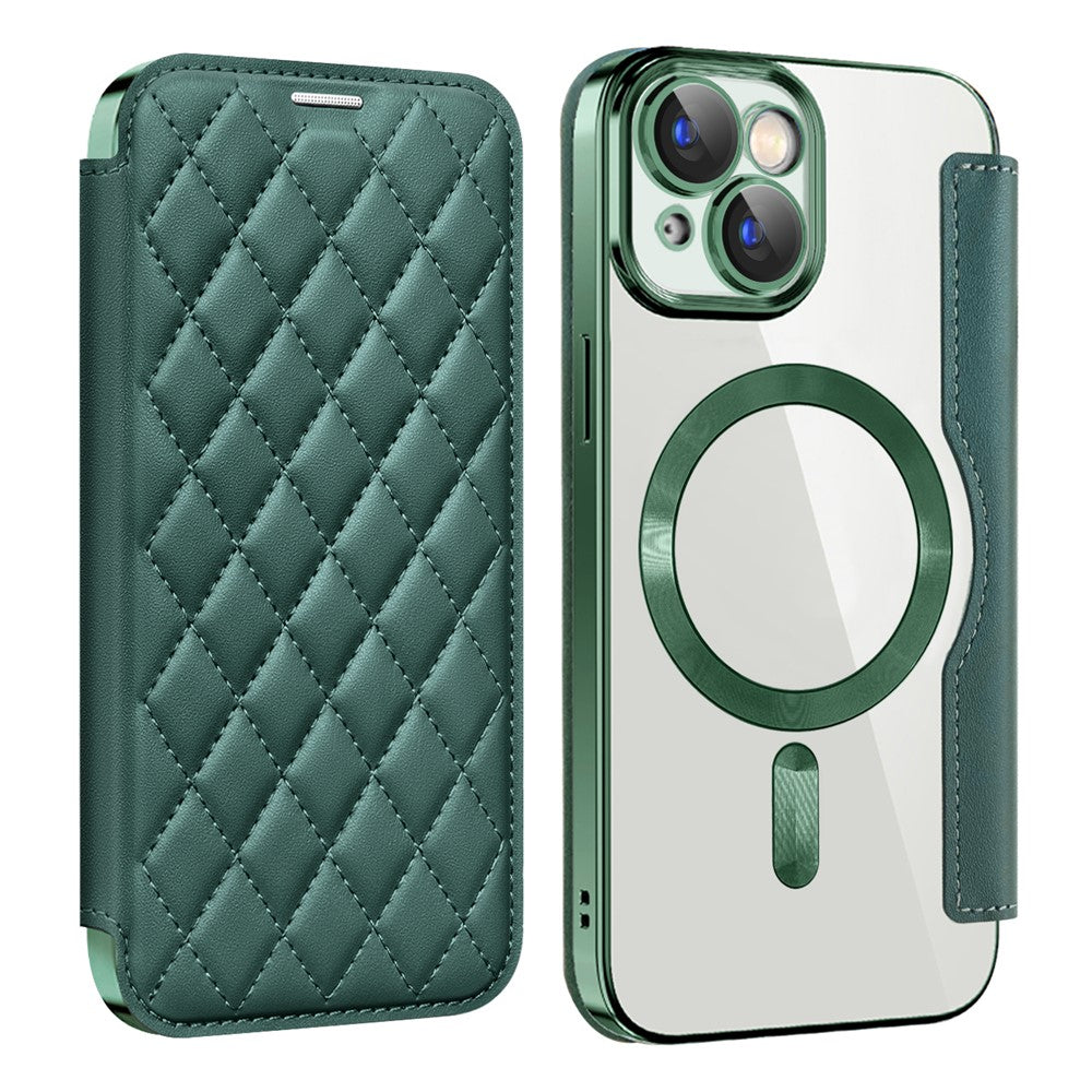 For iPhone 15 Plus Built-in Lens Film Phone Case RFID Blocking Card Slots Leather Cover Compatible with MagSafe