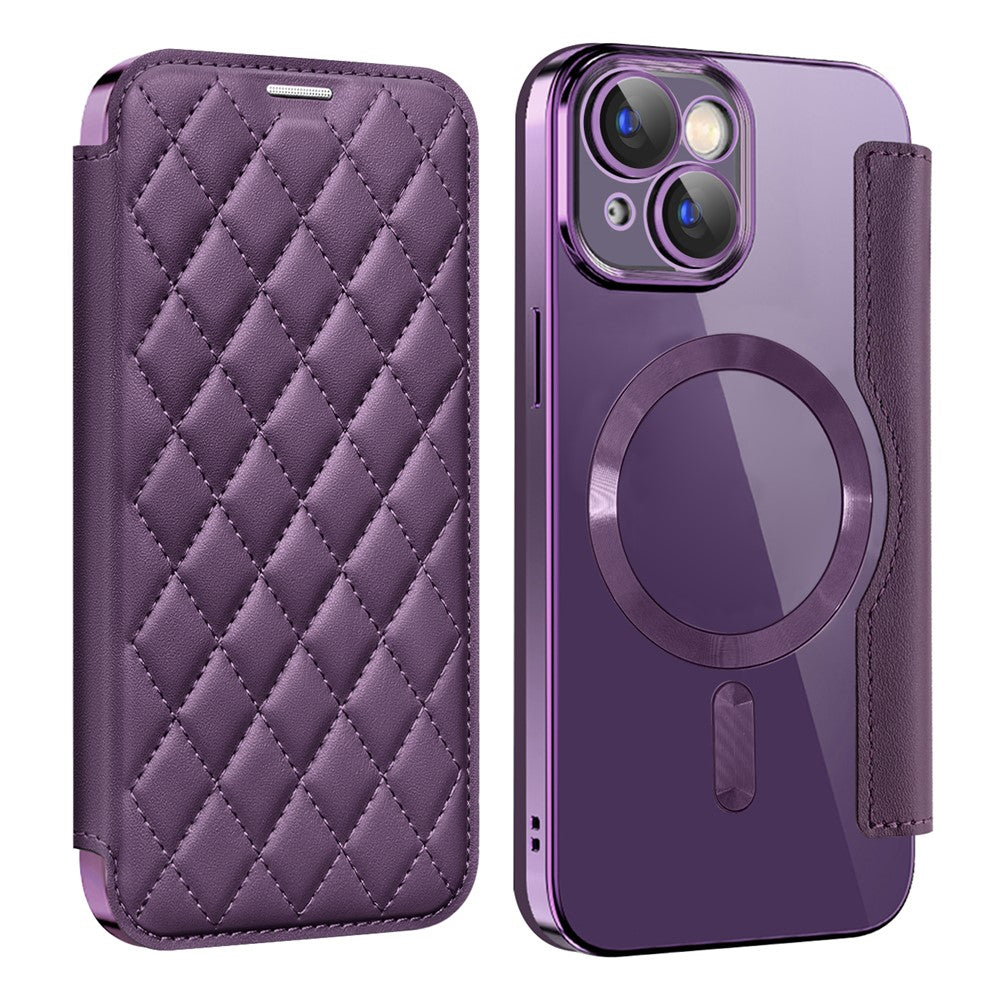 For iPhone 15 Plus Built-in Lens Film Phone Case RFID Blocking Card Slots Leather Cover Compatible with MagSafe