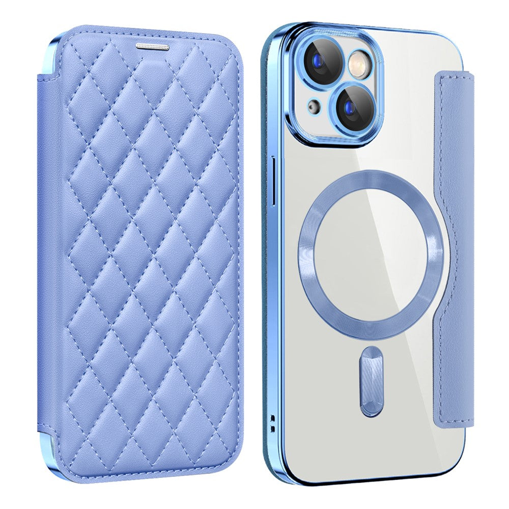 For iPhone 15 Plus Built-in Lens Film Phone Case RFID Blocking Card Slots Leather Cover Compatible with MagSafe