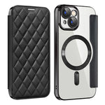 For iPhone 15 Plus Built-in Lens Film Phone Case RFID Blocking Card Slots Leather Cover Compatible with MagSafe