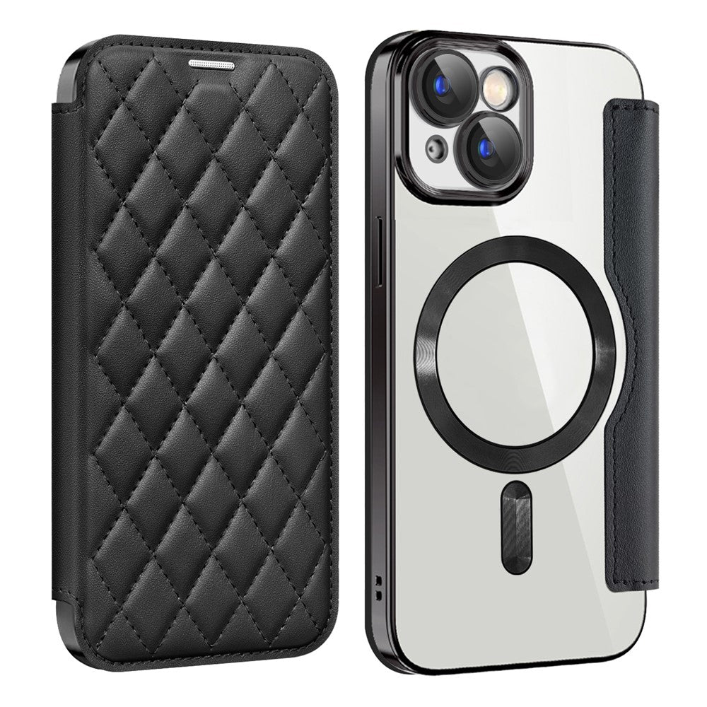 For iPhone 15 Plus Built-in Lens Film Phone Case RFID Blocking Card Slots Leather Cover Compatible with MagSafe
