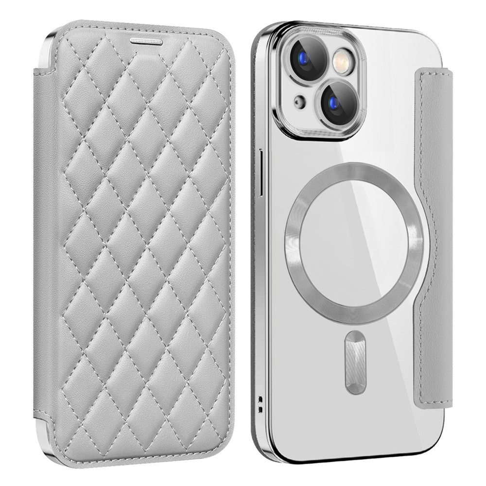 For iPhone 15 Plus Built-in Lens Film Phone Case RFID Blocking Card Slots Leather Cover Compatible with MagSafe