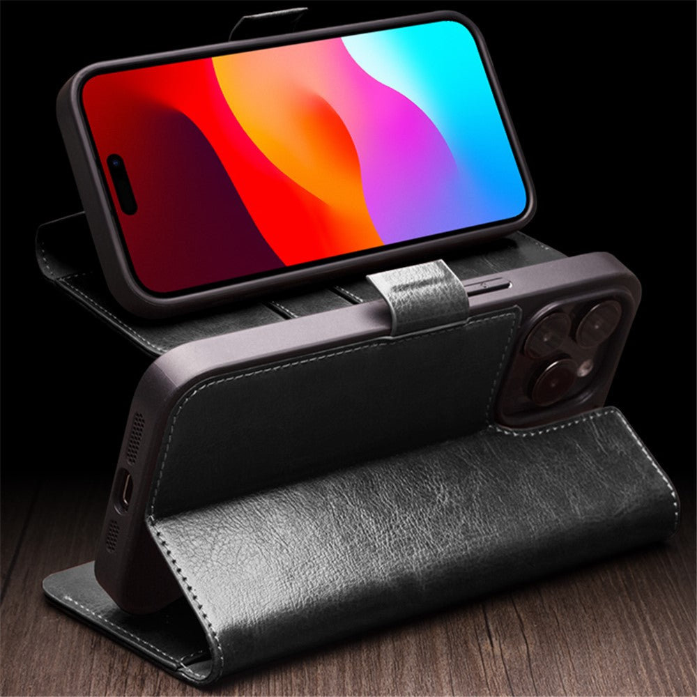 QIALINO til iPhone 15 Pro Max Ægte koskind + TPU-telefoncover Magnetisk lukning Fuld beskyttelse Telefoncover