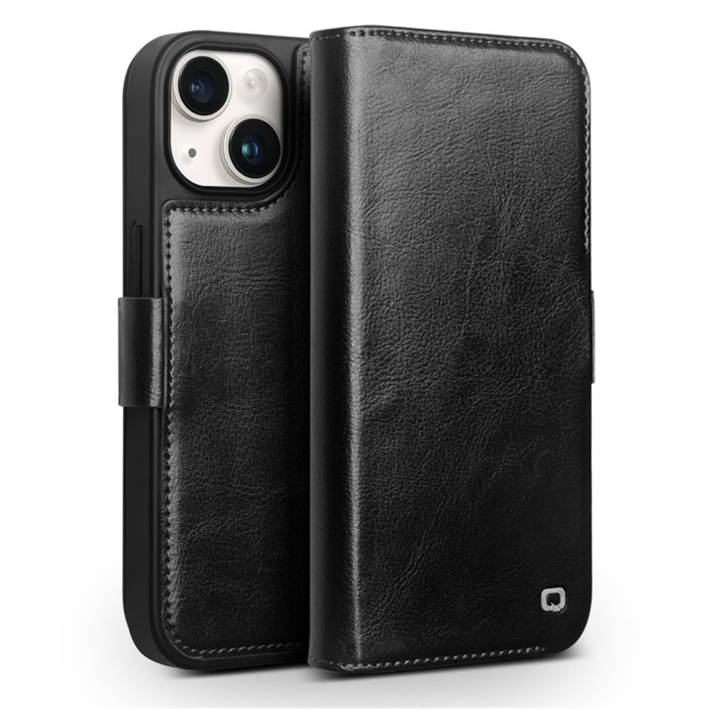 QIALINO Genuine Cow Leather+TPU Phone Case for iPhone 15 Plus Magnetic Closure Shockproof Phone Cover