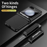 Samsung Galaxy Z Flip5 5G Litchi Texture Phone Case Double Hinge Design Leather Coated PC Electropläting Cover with Stylus Pen