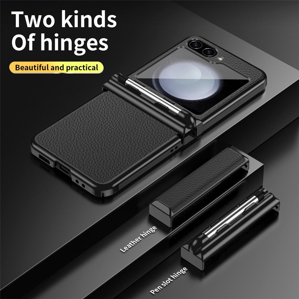 Samsung Galaxy Z Flip5 5G Litchi Texture Phone Case Double Hinge Design Leather Coated PC Electropläting Cover with Stylus Pen