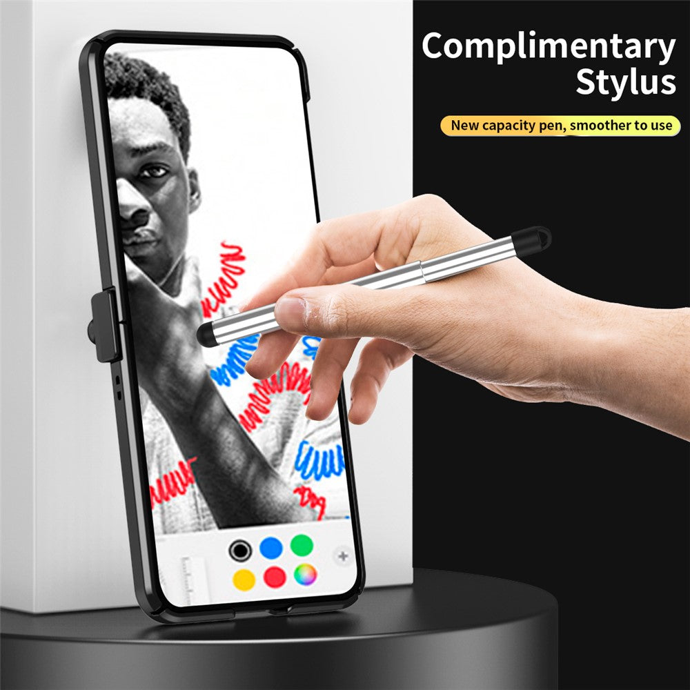 Samsung Galaxy Z Flip5 5G Litchi Texture Phone Case Double Hinge Design Leather Coated PC Electropläting Cover with Stylus Pen