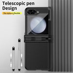 Samsung Galaxy Z Flip5 5G Litchi Texture Phone Case Double Hinge Design Leather Coated PC Electropläting Cover with Stylus Pen