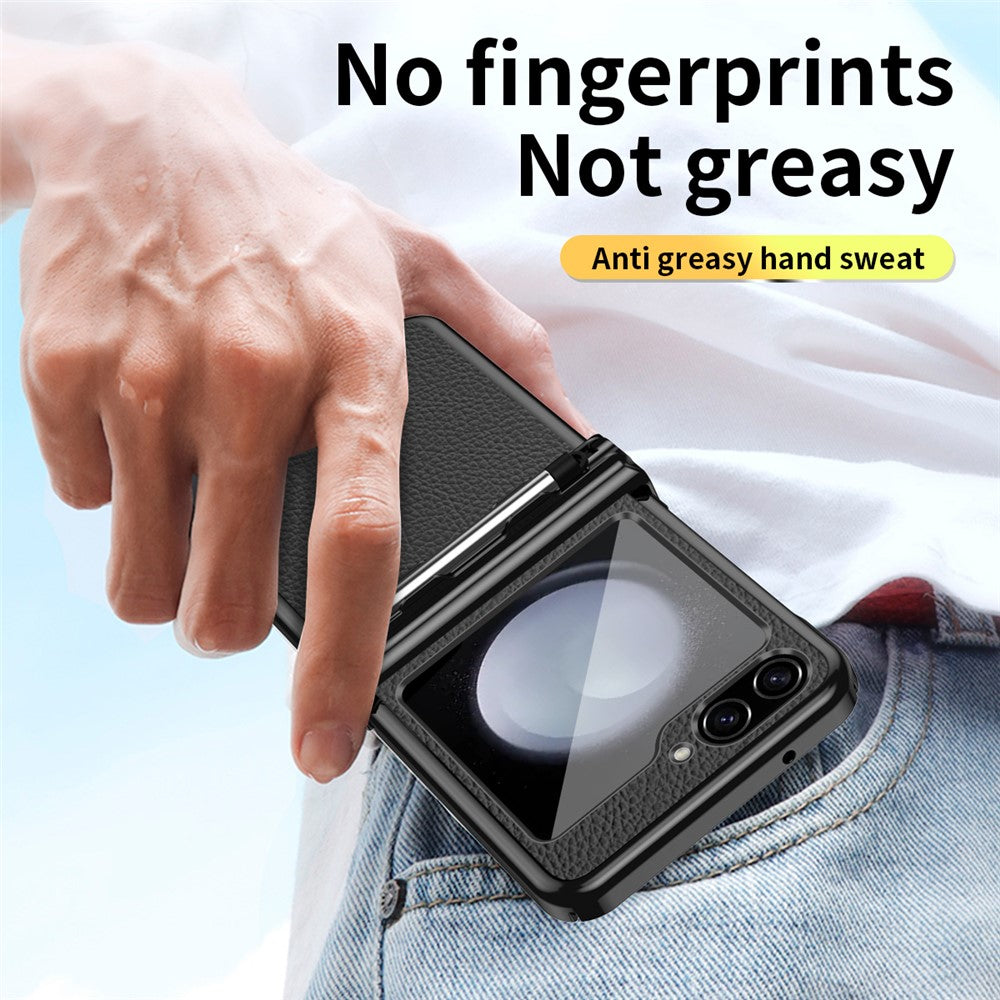 Samsung Galaxy Z Flip5 5G Litchi Texture Phone Case Double Hinge Design Leather Coated PC Electropläting Cover with Stylus Pen