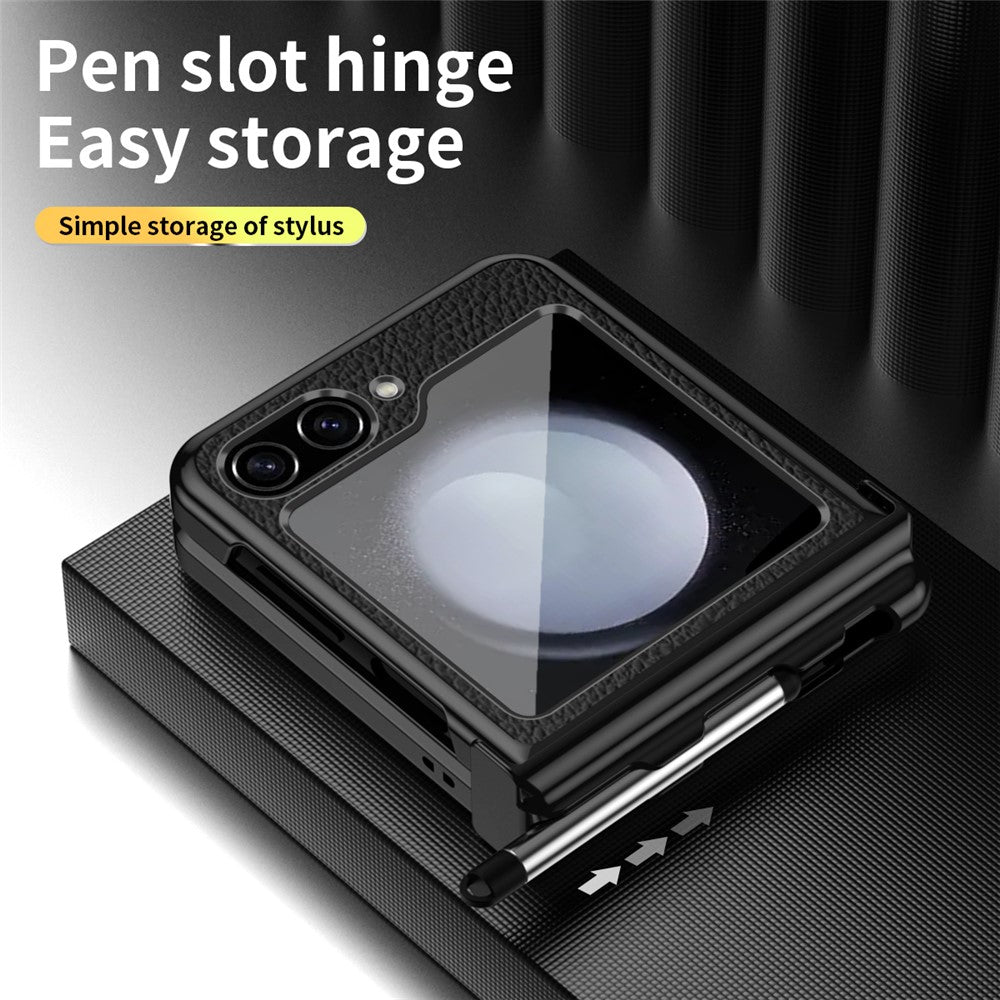 Samsung Galaxy Z Flip5 5G Litchi Texture Phone Case Double Hinge Design Leather Coated PC Electropläting Cover with Stylus Pen