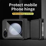 Samsung Galaxy Z Flip5 5G Litchi Texture Phone Case Double Hinge Design Leather Coated PC Electropläting Cover with Stylus Pen