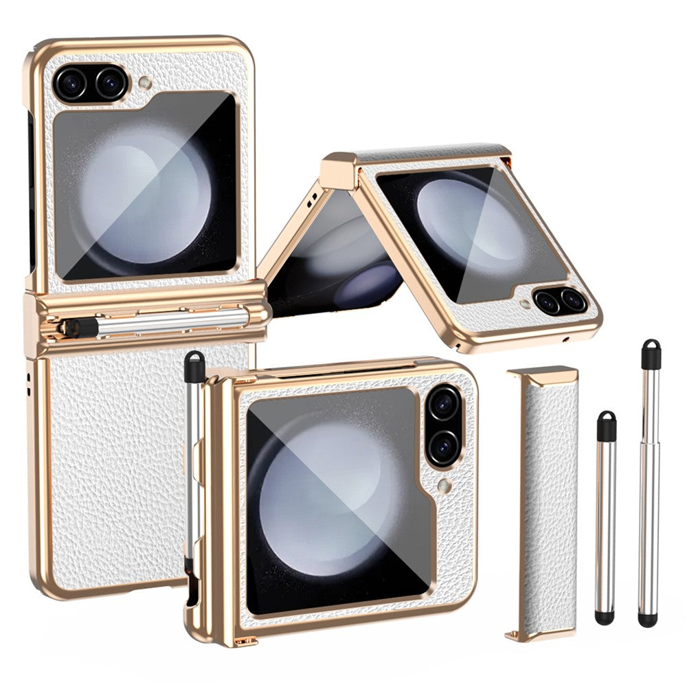 Samsung Galaxy Z Flip5 5G Litchi Texture Phone Case Double Hinge Design Leather Coated PC Electropläting Cover with Stylus Pen