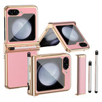 Samsung Galaxy Z Flip5 5G Litchi Texture Phone Case Double Hinge Design Leather Coated PC Electropläting Cover with Stylus Pen