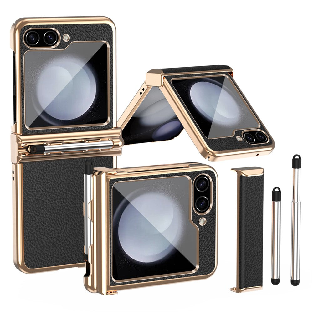 Samsung Galaxy Z Flip5 5G Litchi Texture Phone Case Double Hinge Design Leather Coated PC Electropläting Cover with Stylus Pen