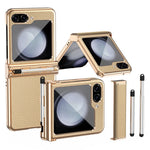 Samsung Galaxy Z Flip5 5G Litchi Texture Phone Case Double Hinge Design Leather Coated PC Electropläting Cover with Stylus Pen