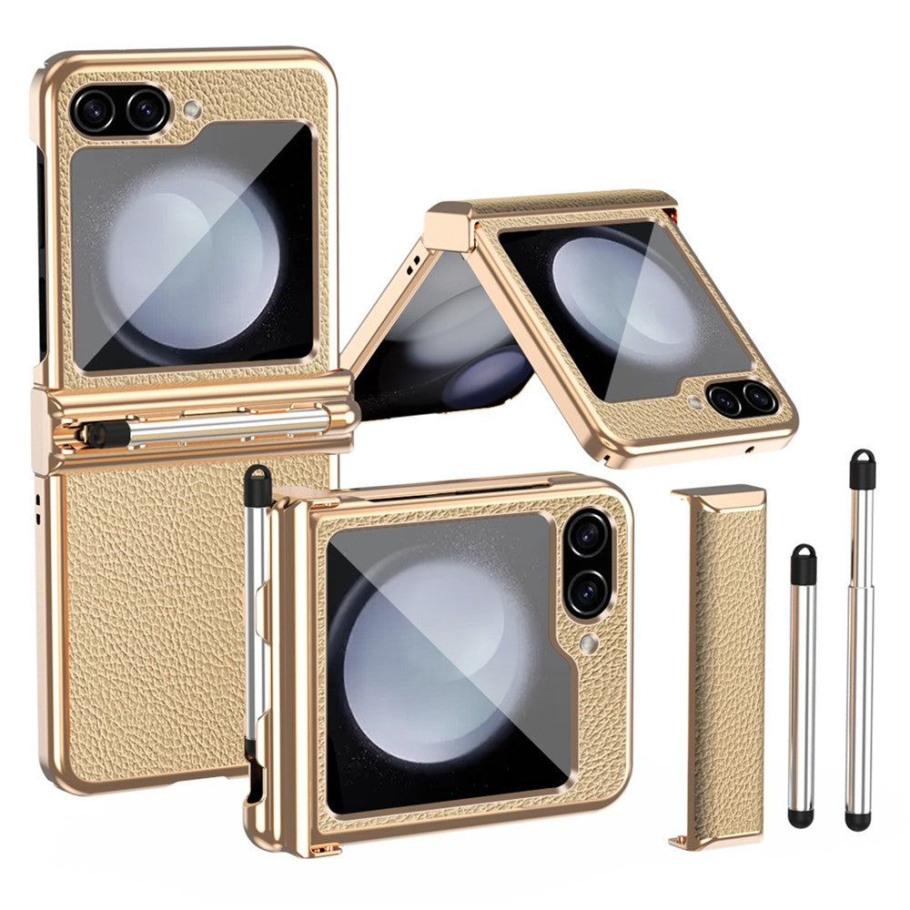 Samsung Galaxy Z Flip5 5G Litchi Texture Phone Case Double Hinge Design Leather Coated PC Electropläting Cover with Stylus Pen