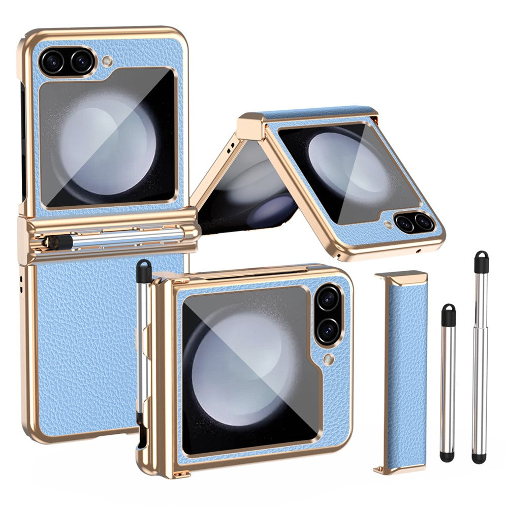 Samsung Galaxy Z Flip5 5G Litchi Texture Phone Case Double Hinge Design Leather Coated PC Electropläting Cover with Stylus Pen