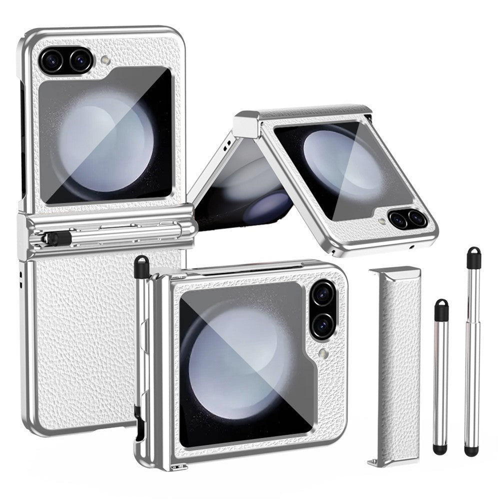 Samsung Galaxy Z Flip5 5G Litchi Texture Phone Case Double Hinge Design Leather Coated PC Electropläting Cover with Stylus Pen