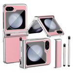 Samsung Galaxy Z Flip5 5G Litchi Texture Phone Case Double Hinge Design Leather Coated PC Electropläting Cover with Stylus Pen