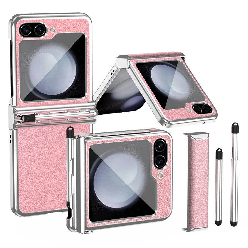 Samsung Galaxy Z Flip5 5G Litchi Texture Phone Case Double Hinge Design Leather Coated PC Electropläting Cover with Stylus Pen