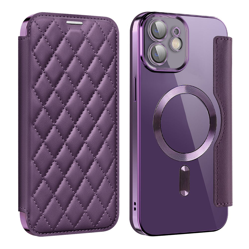 For iPhone 12 6.1 inch Card Holder Leather Phone Case Compatible with MagSafe Built-in Lens Film RFID Blocking Cover