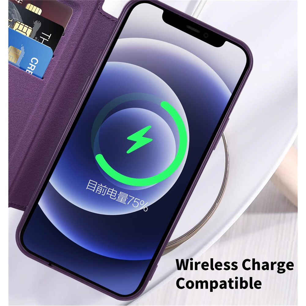 For iPhone 12 6.1 inch Card Holder Leather Phone Case Compatible with MagSafe Built-in Lens Film RFID Blocking Cover