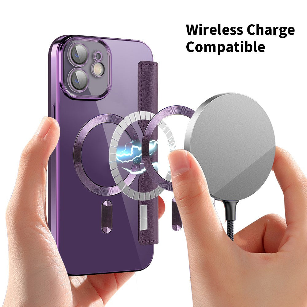 For iPhone 12 6.1 inch Card Holder Leather Phone Case Compatible with MagSafe Built-in Lens Film RFID Blocking Cover