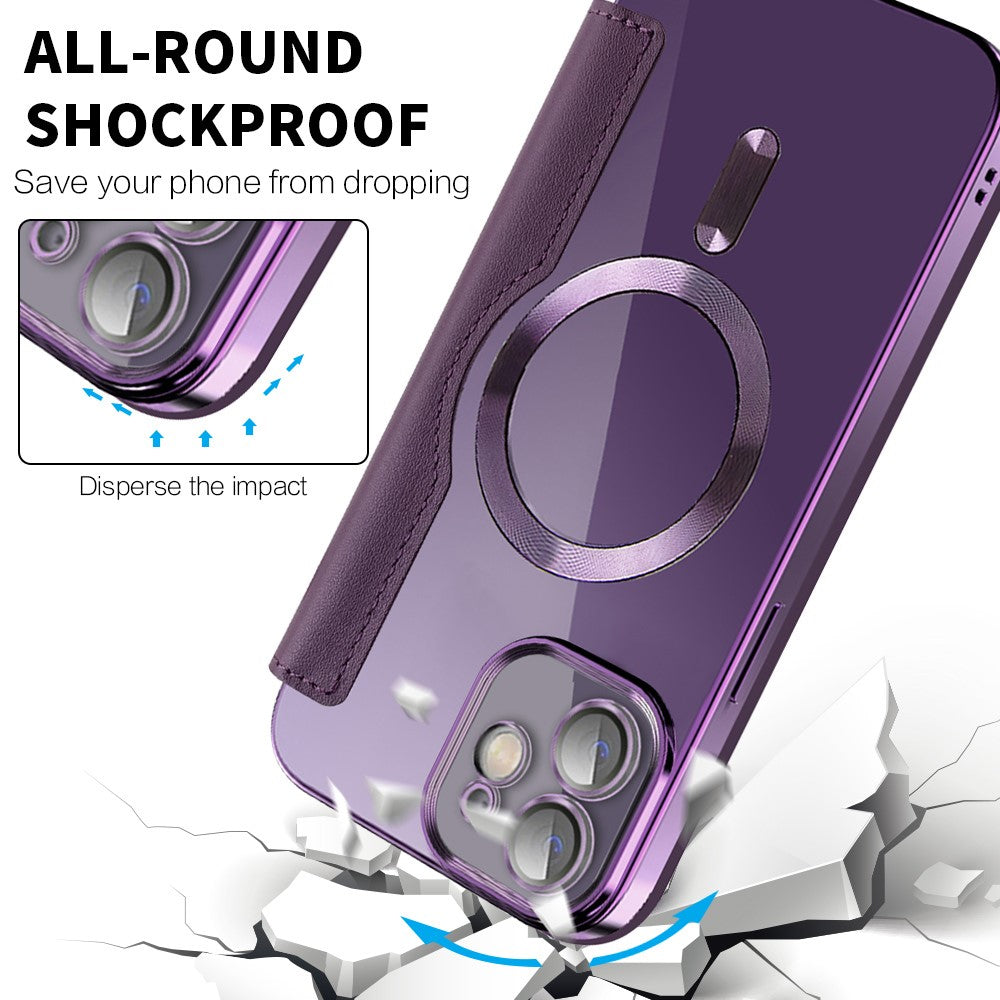 For iPhone 12 6.1 inch Card Holder Leather Phone Case Compatible with MagSafe Built-in Lens Film RFID Blocking Cover