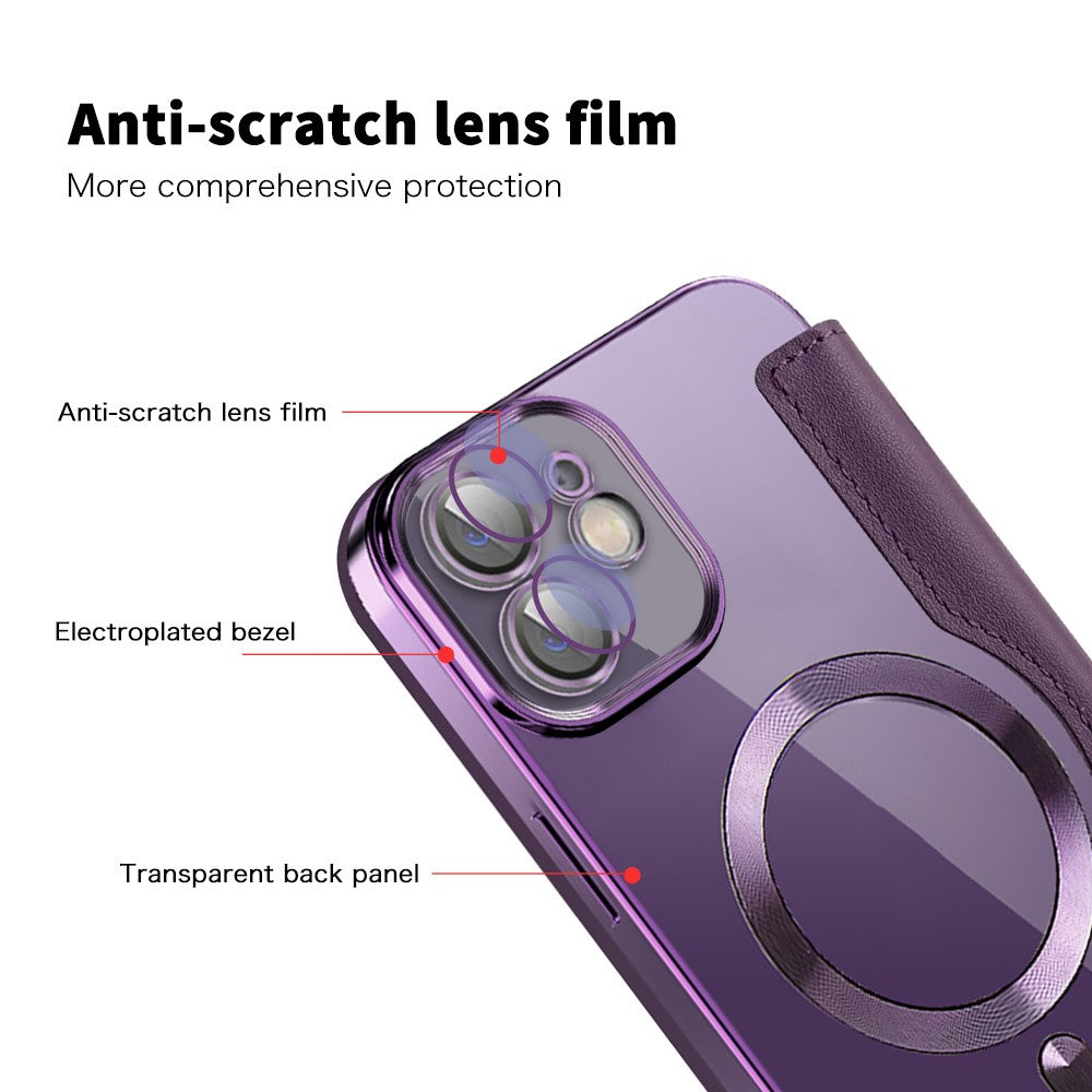 For iPhone 12 6.1 inch Card Holder Leather Phone Case Compatible with MagSafe Built-in Lens Film RFID Blocking Cover
