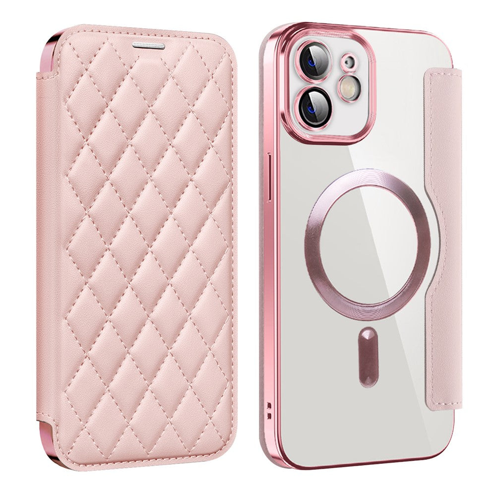 For iPhone 12 6.1 inch Card Holder Leather Phone Case Compatible with MagSafe Built-in Lens Film RFID Blocking Cover